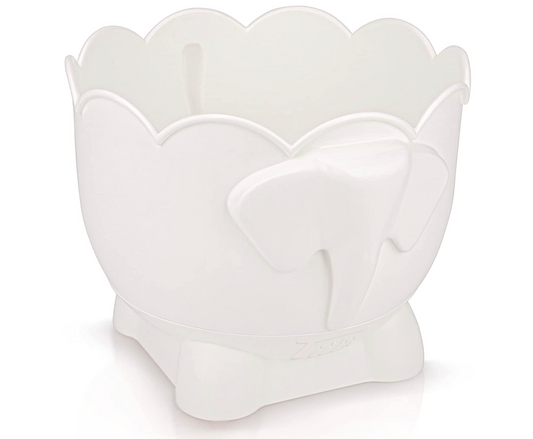 The Bath Buddy organizer on a plain white background: a scalloped-rim drum with an elephant face moulded into the front, seated on its matching tray