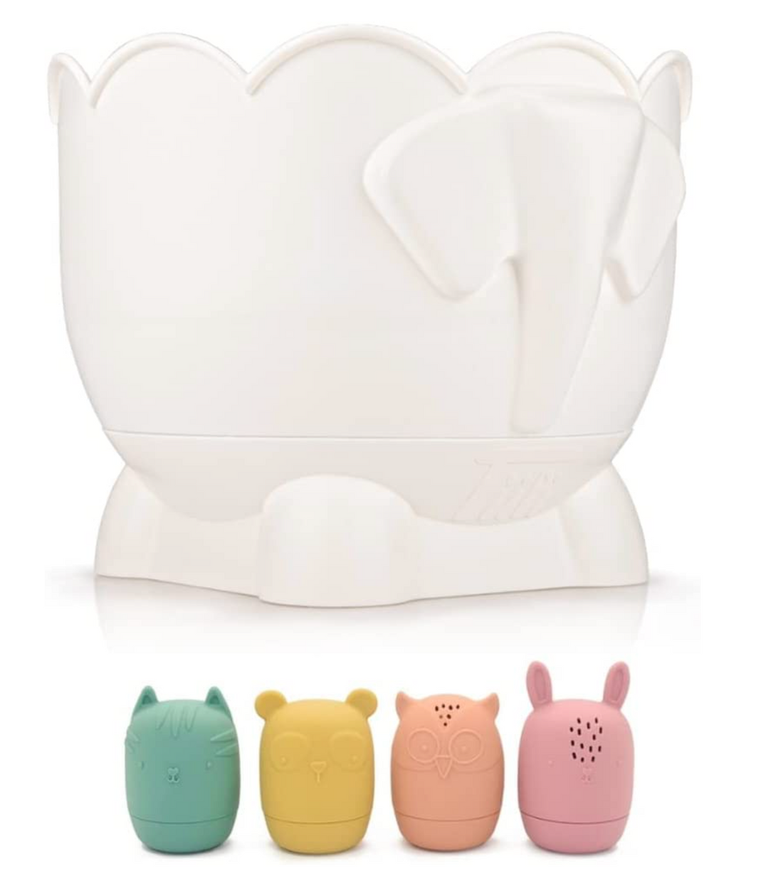 The white Bath Buddy organizer on its tray with four pastel silicone animal toys — green, yellow, peach and pink — lined up in front of it