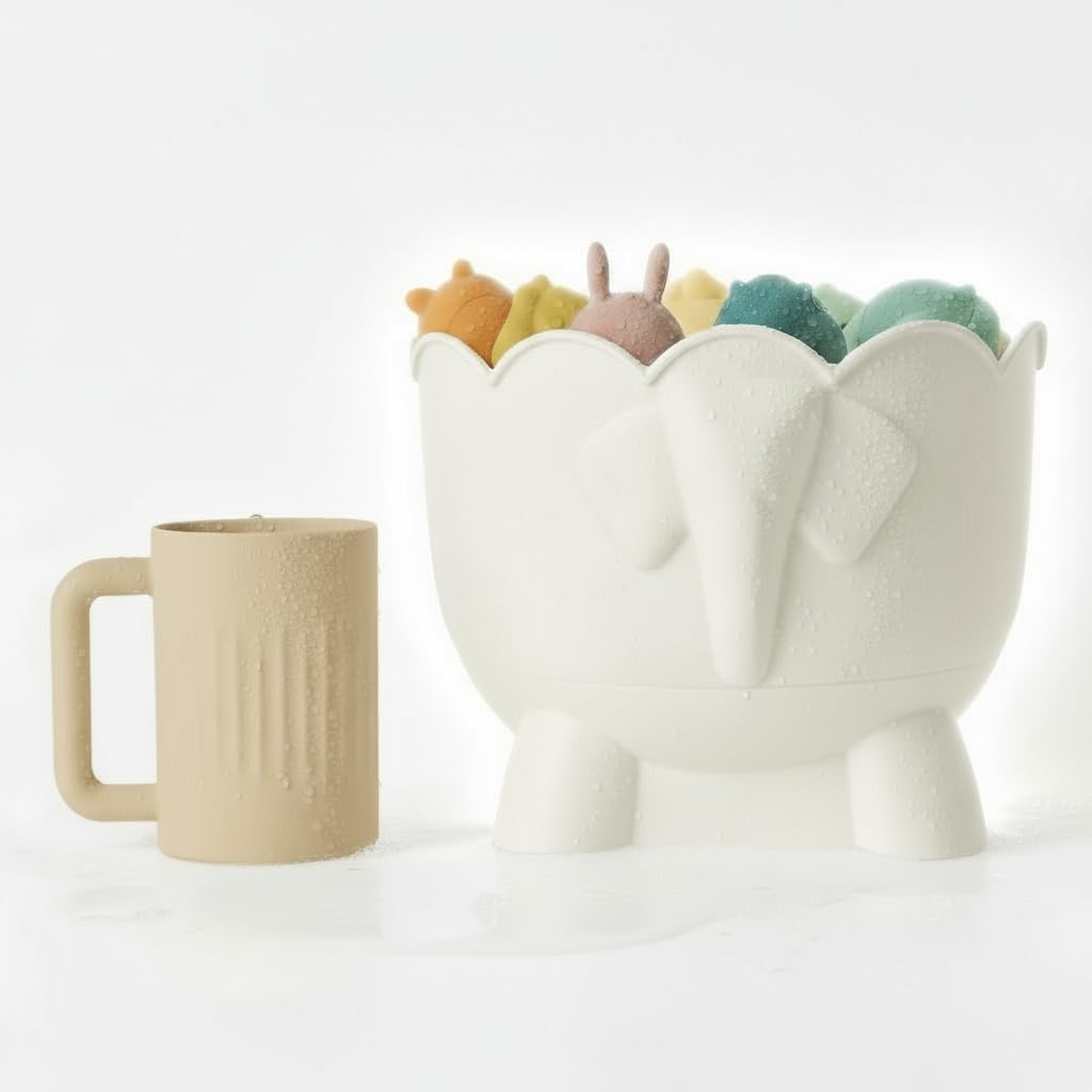 The off-white silicone rinse cup standing beside the Bath Buddy organizer, which holds a set of bath toys.