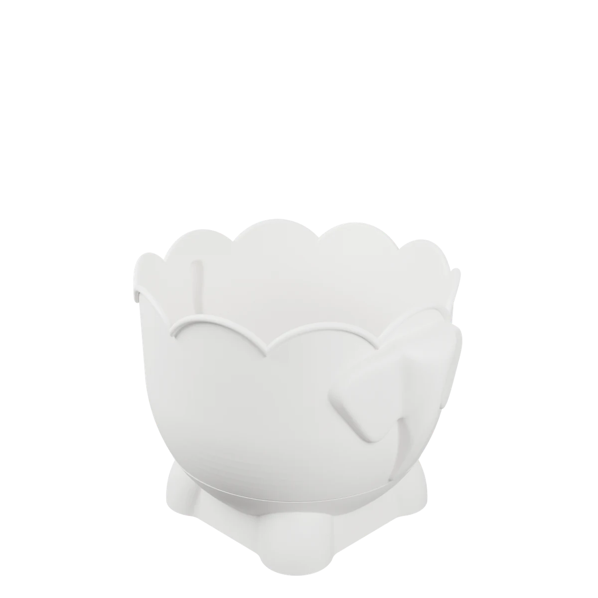 Bath Buddy bath toy organizer, elephant shape, off-white: the drum lifts off its base tray, turns over to show the perforated drain floor underneath, then settles back onto the tray